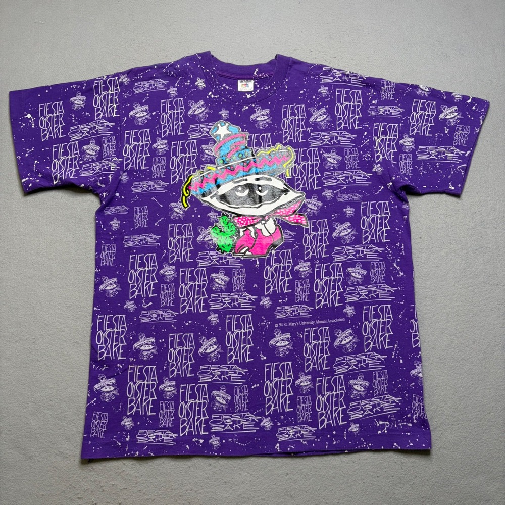 Fruit of the Loom T-Shirt Mens XL Purple 1994 Fiesta Oyster Bake All Over Print